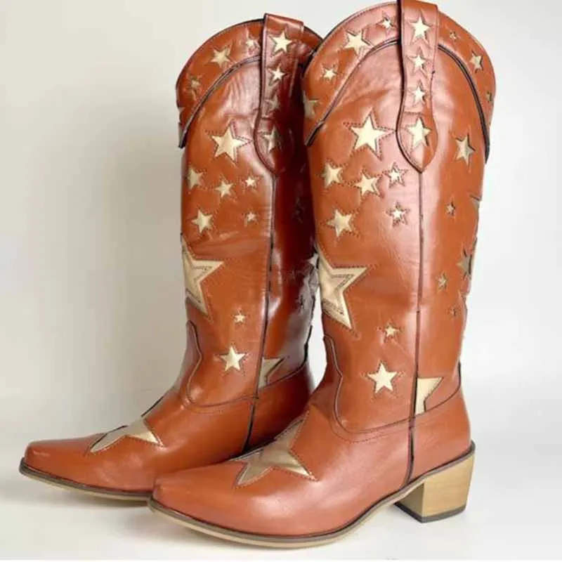 Cowboy western knee high boots Star Embroidered Cowboy Boots, Cowboy Boots With Stars
