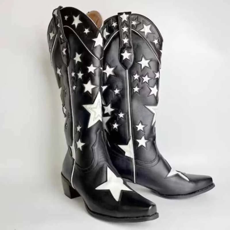 Cowboy western knee high boots Star Embroidered Cowboy Boots, Cowboy Boots With Stars