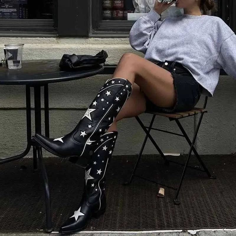 Cowboy western knee high boots Star Embroidered Cowboy Boots, Cowboy Boots With Stars