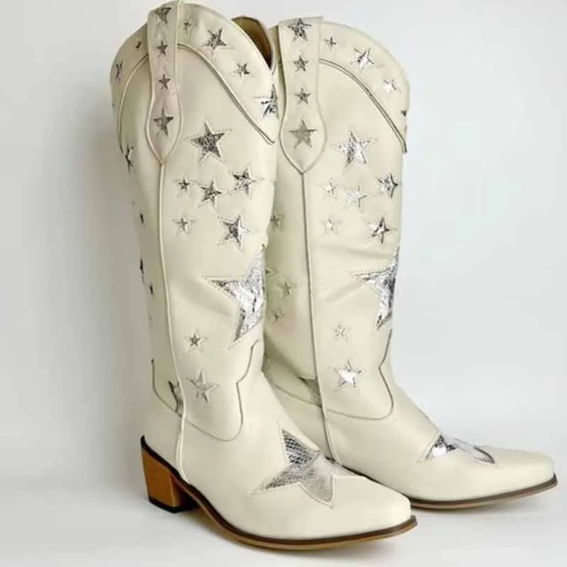 Cowboy western knee high boots Star Embroidered Cowboy Boots, Cowboy Boots With Stars