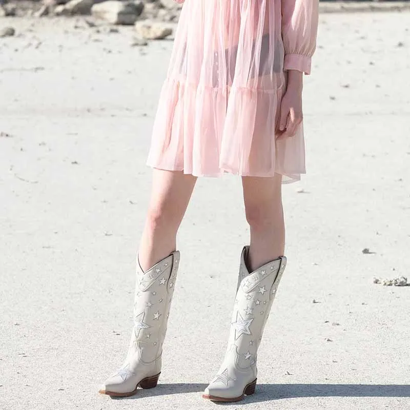 Cowboy western knee high boots Star Embroidered Cowboy Boots, Cowboy Boots With Stars