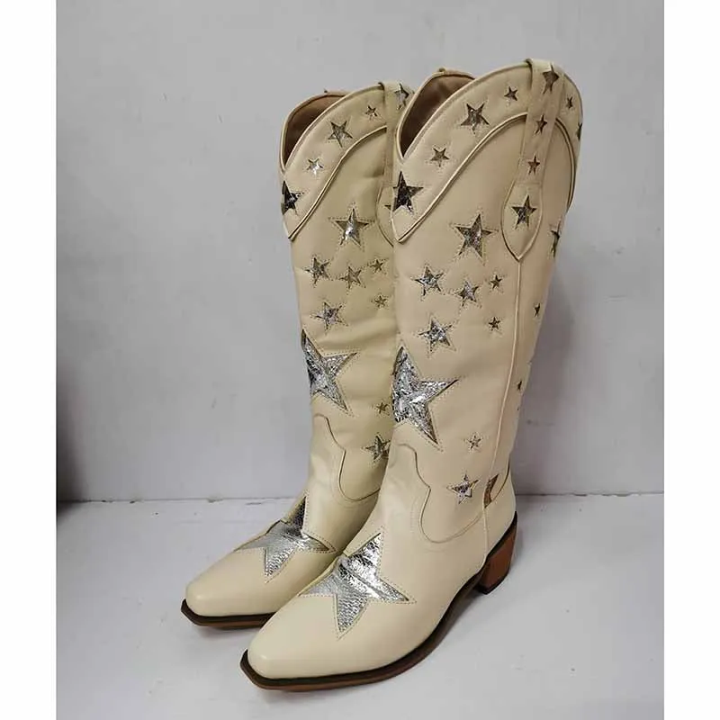 Cowboy western knee high boots Star Embroidered Cowboy Boots, Cowboy Boots With Stars
