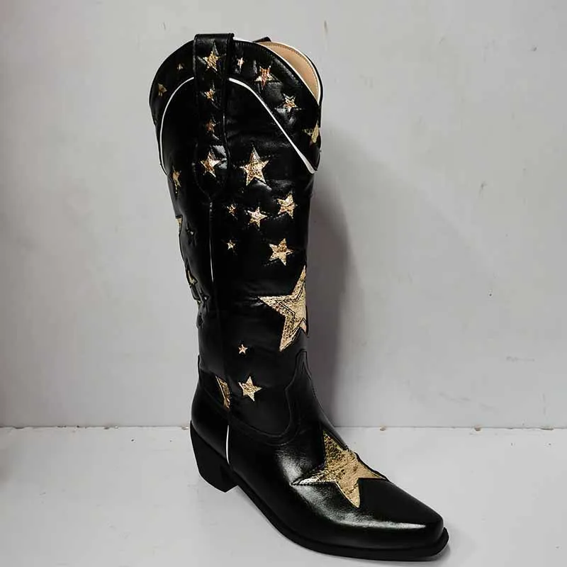 Cowboy western knee high boots Star Embroidered Cowboy Boots, Cowboy Boots With Stars