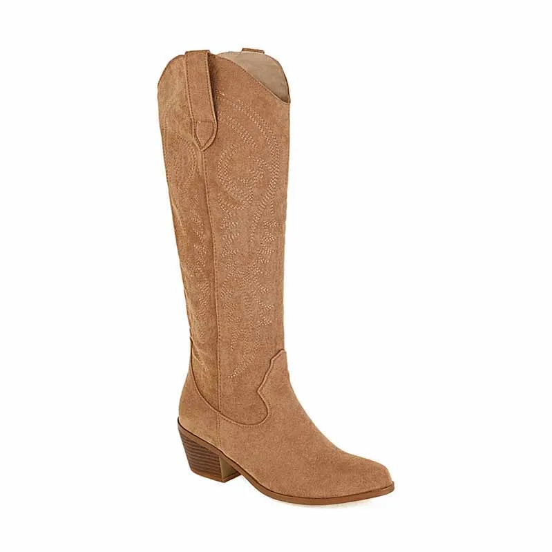 Cowgirl Western Boots Women Embroidered Pull-On Knee High Booties