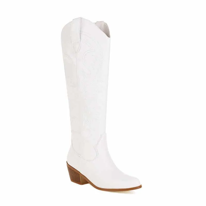 Cowgirl Western Boots Women Embroidered Pull-On Knee High Booties