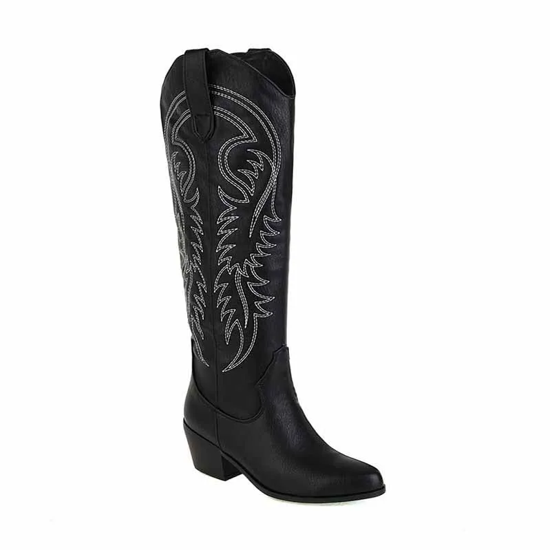 Cowgirl Western Boots Women Embroidered Pull-On Knee High Booties