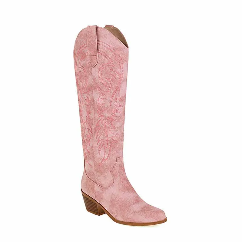 Cowgirl Western Boots Women Embroidered Pull-On Knee High Booties