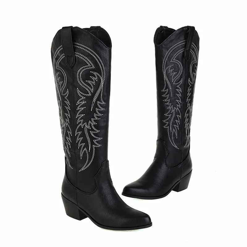 Cowgirl Western Boots Women Embroidered Pull-On Knee High Booties