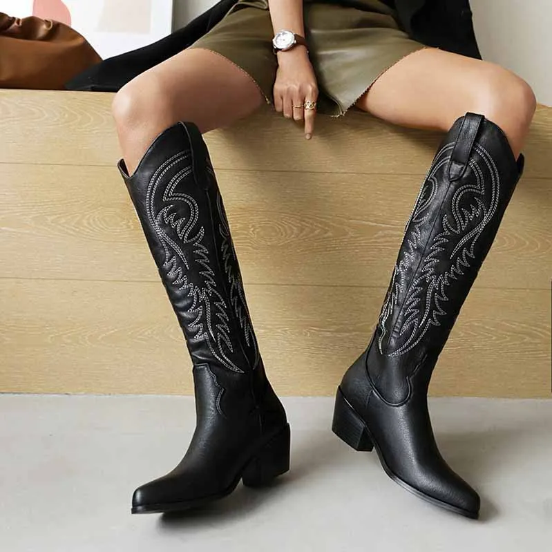 Cowgirl Western Boots Women Embroidered Pull-On Knee High Booties