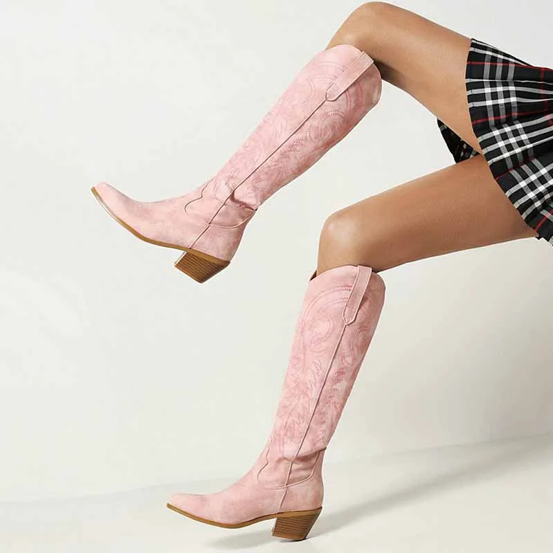 Cowgirl Western Boots Women Embroidered Pull-On Knee High Booties