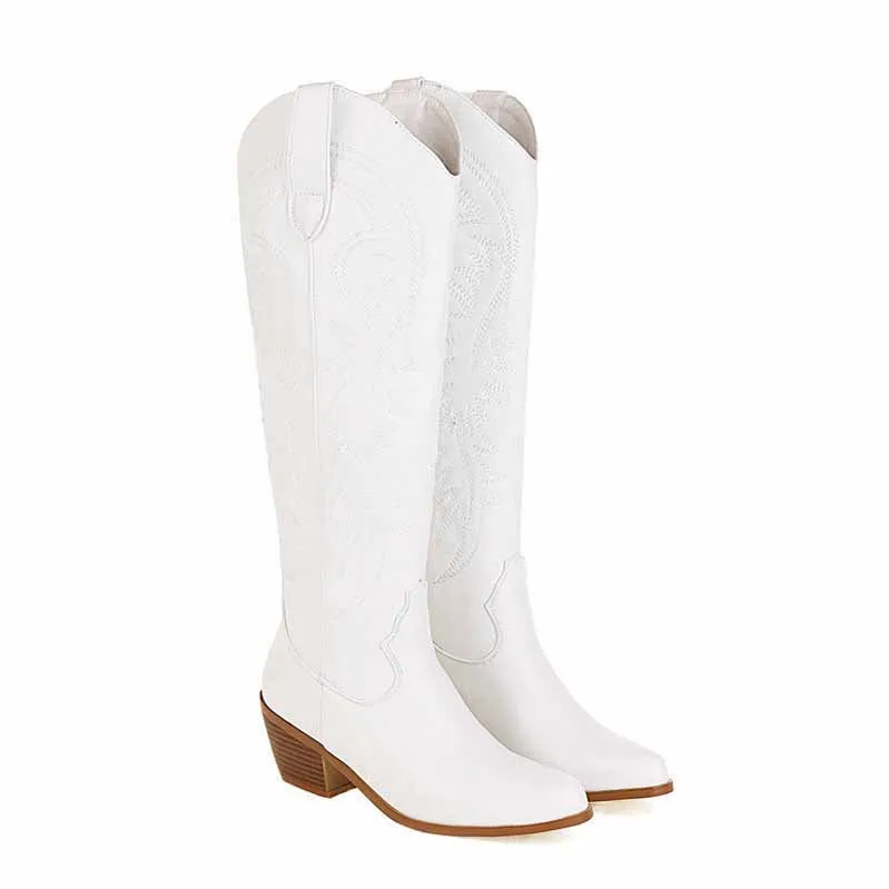 Cowgirl Western Boots Women Embroidered Pull-On Knee High Booties