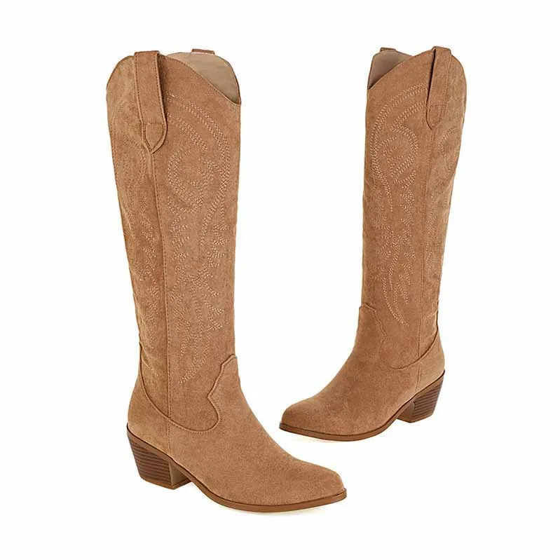 Cowgirl Western Boots Women Embroidered Pull-On Knee High Booties