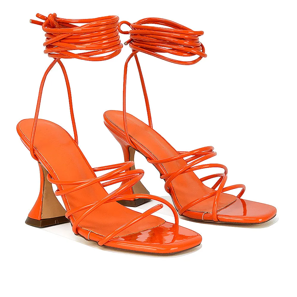 Dakota Lace Up Sculptured Strappy Square Toe Party High Heel Sandals in Brown Patent