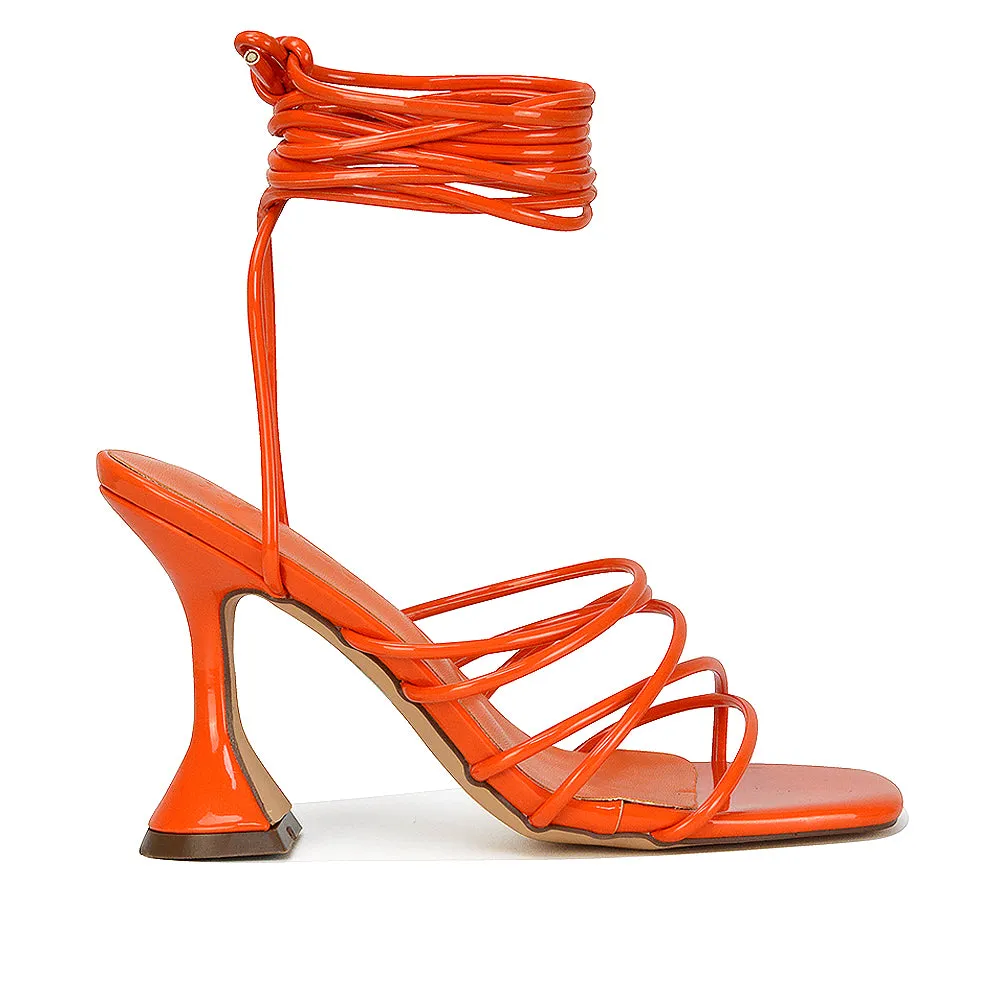 Dakota Lace Up Sculptured Strappy Square Toe Party High Heel Sandals in Brown Patent