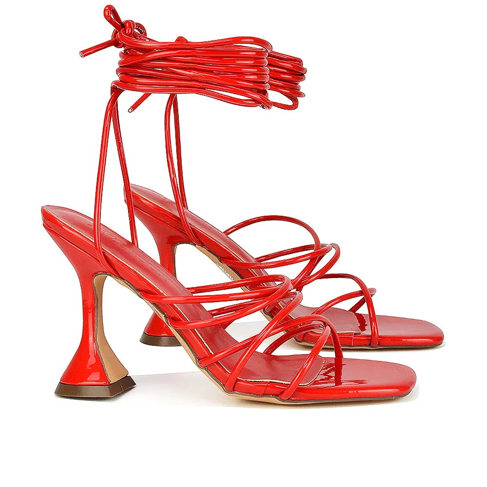 Dakota Lace Up Sculptured Strappy Square Toe Party High Heel Sandals in Brown Patent