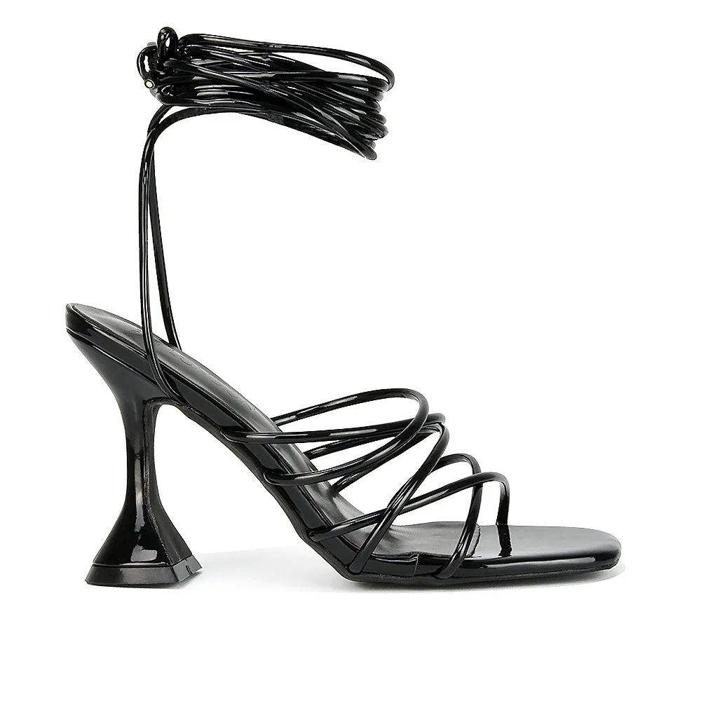 Dakota Lace Up Sculptured Strappy Square Toe Party High Heel Sandals in Brown Patent