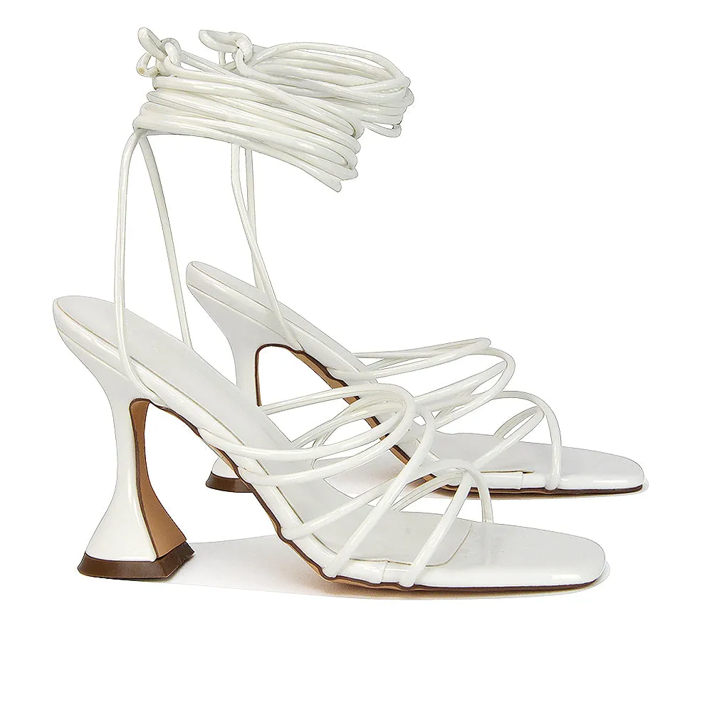 Dakota Lace Up Sculptured Strappy Square Toe Party High Heel Sandals in Brown Patent