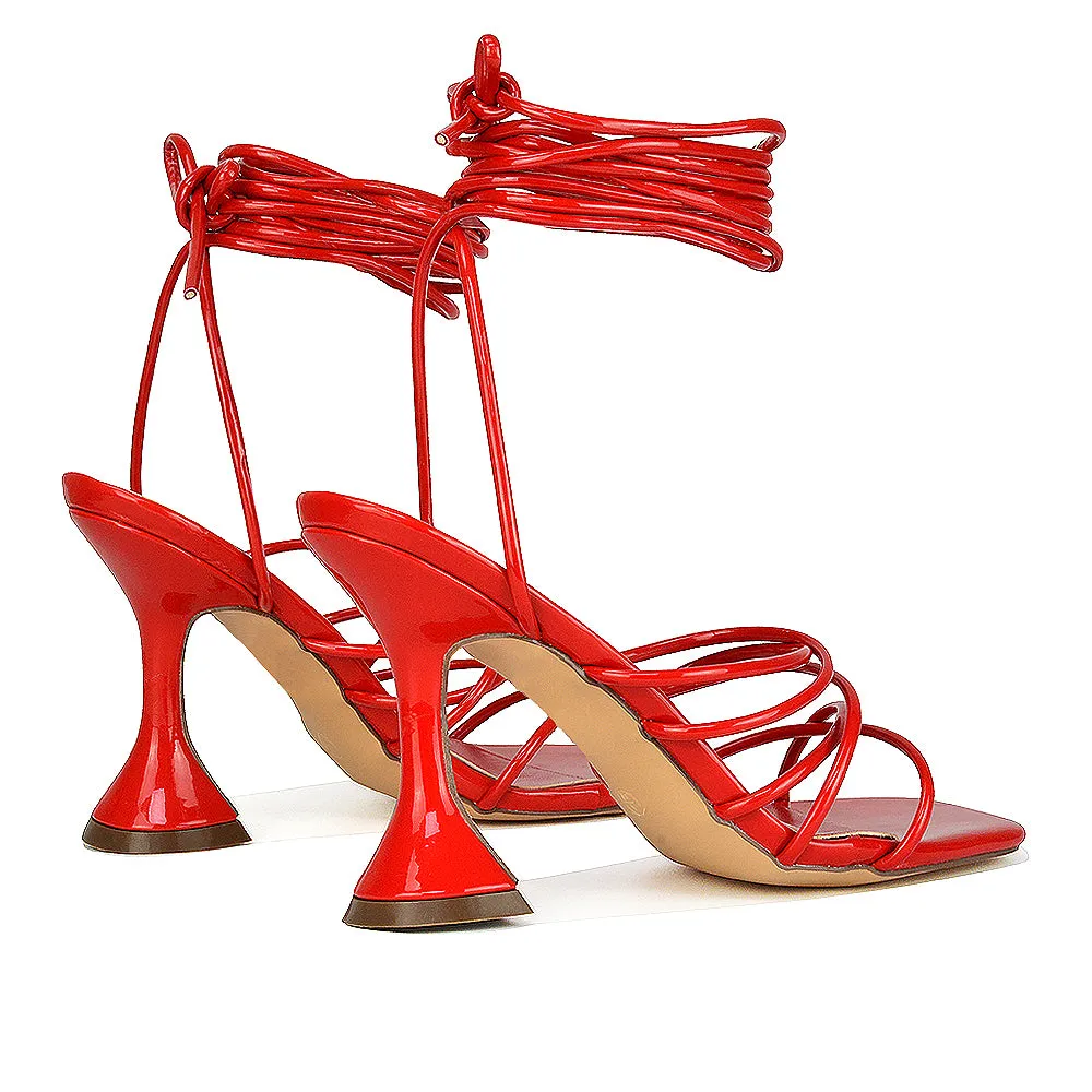 Dakota Lace Up Sculptured Strappy Square Toe Party High Heel Sandals in Brown Patent