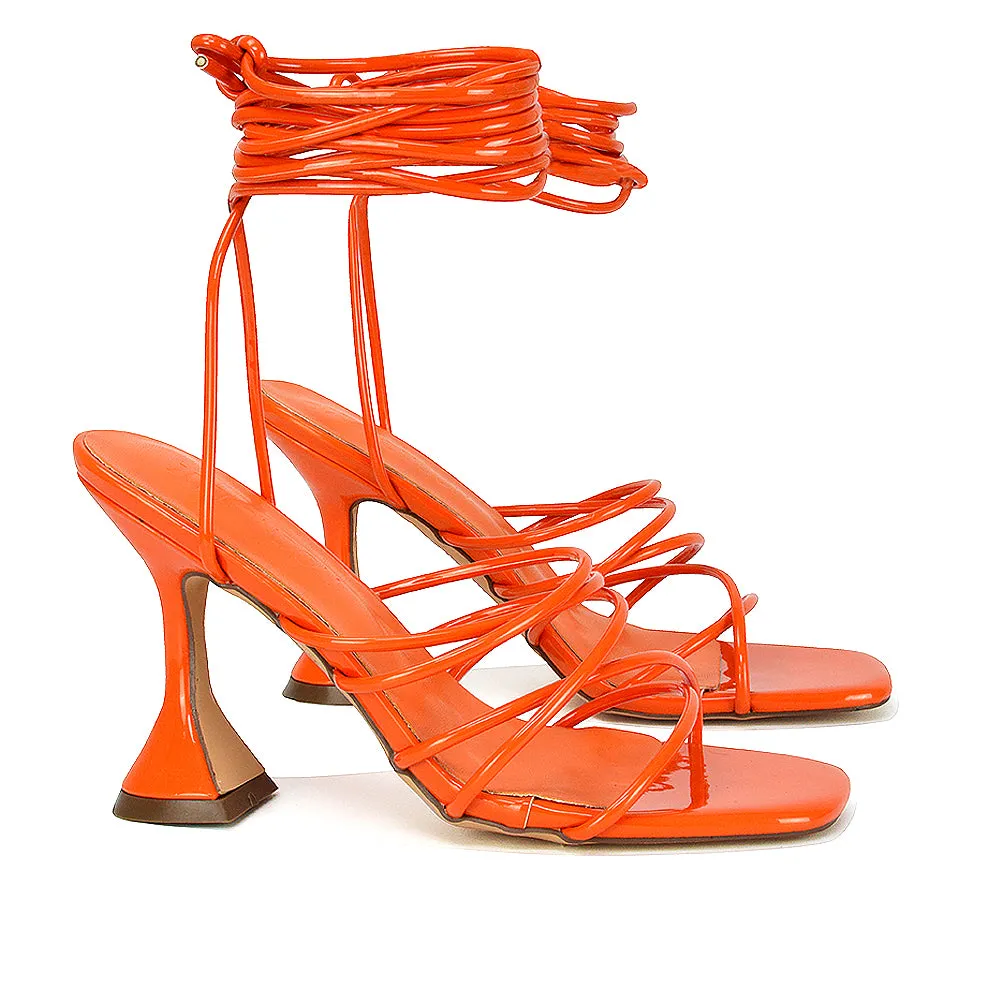 Dakota Lace Up Sculptured Strappy Square Toe Party High Heel Sandals in Brown Patent