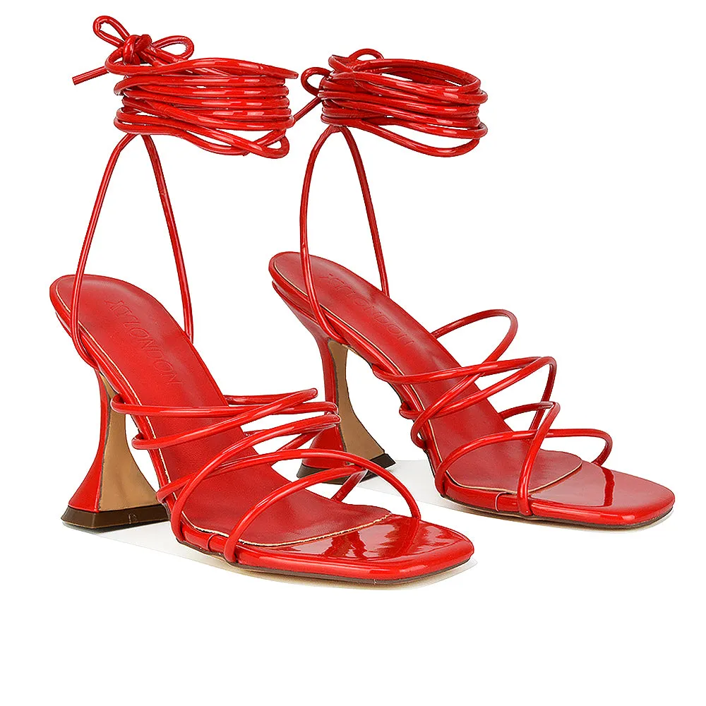 Dakota Lace Up Sculptured Strappy Square Toe Party High Heel Sandals in Brown Patent