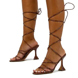 Dakota Lace Up Sculptured Strappy Square Toe Party High Heel Sandals in Brown Patent