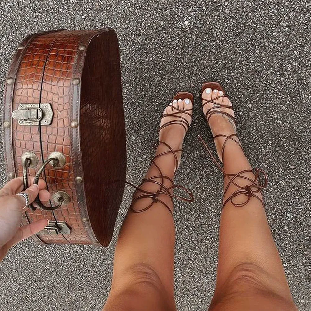 Dakota Lace Up Sculptured Strappy Square Toe Party High Heel Sandals in Brown Patent