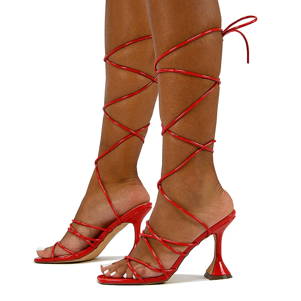 Dakota Lace Up Sculptured Strappy Square Toe Party High Heel Sandals in Brown Patent