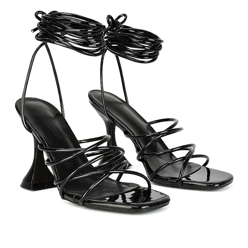 Dakota Lace Up Sculptured Strappy Square Toe Party High Heel Sandals in Brown Patent