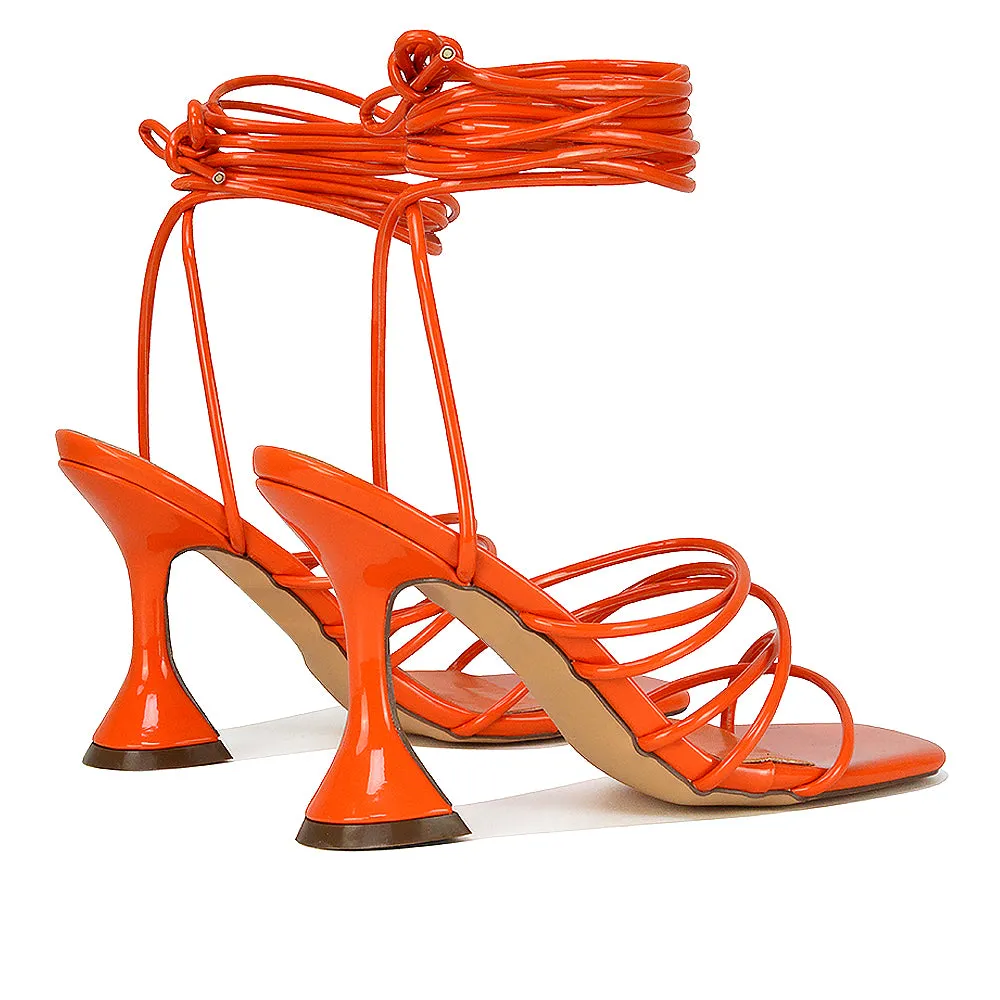Dakota Lace Up Sculptured Strappy Square Toe Party High Heel Sandals in Brown Patent