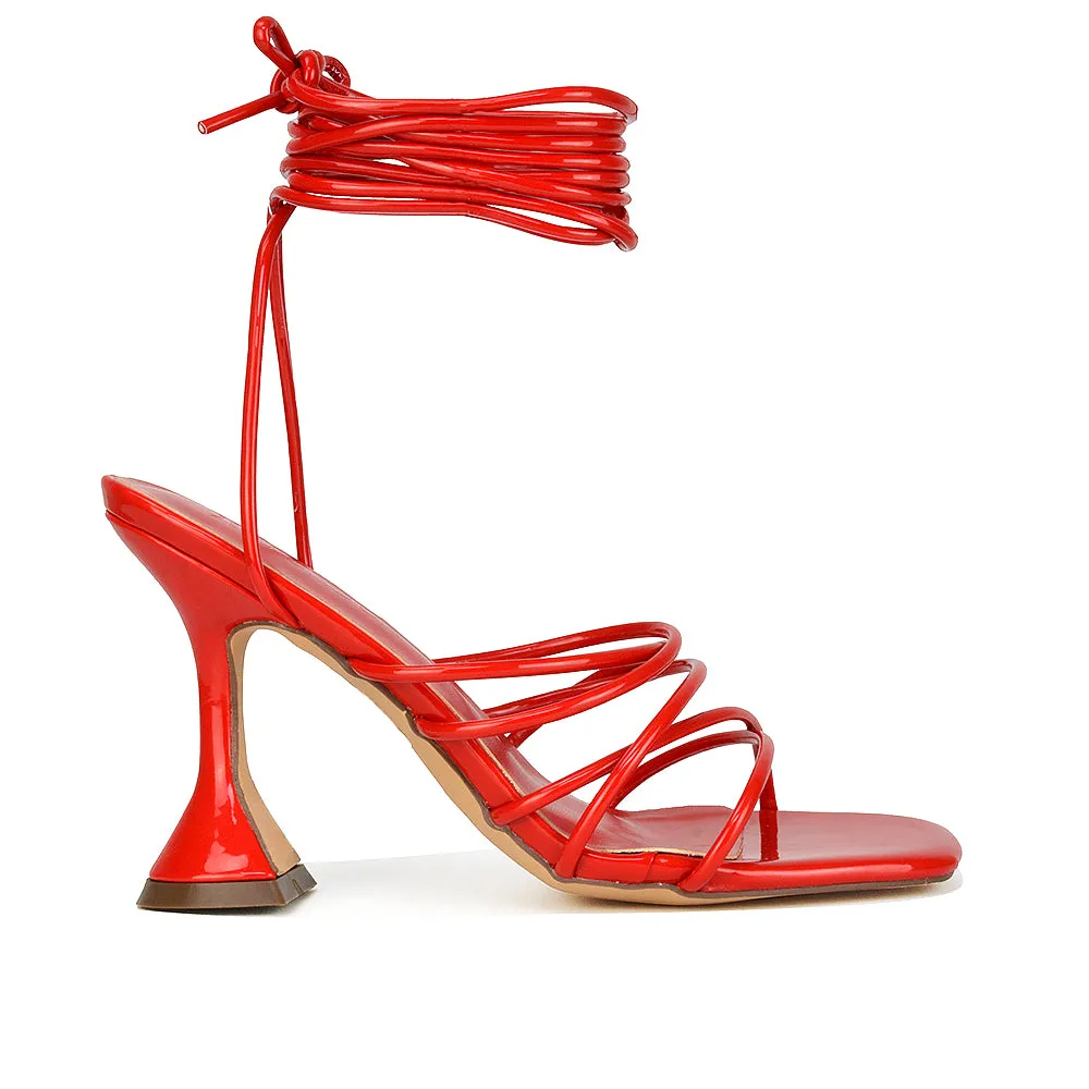 Dakota Lace Up Sculptured Strappy Square Toe Party High Heel Sandals in Brown Patent