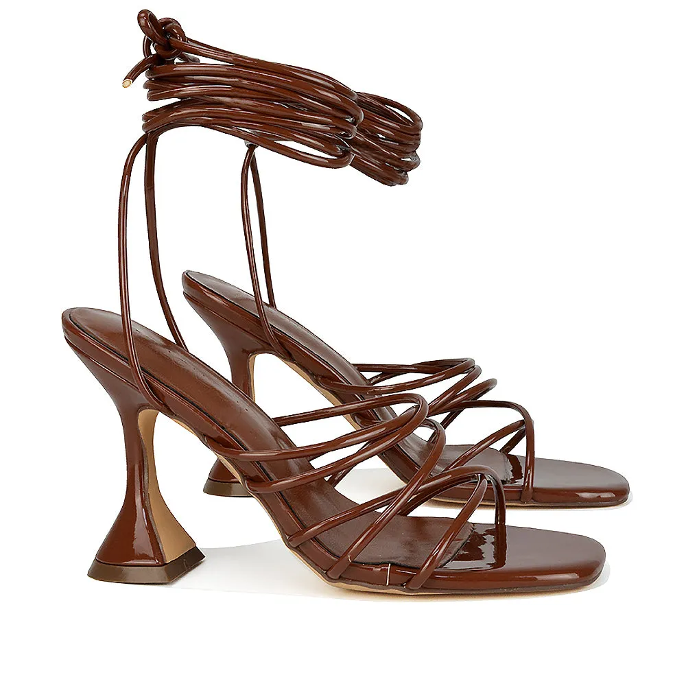 Dakota Lace Up Sculptured Strappy Square Toe Party High Heel Sandals in Brown Patent