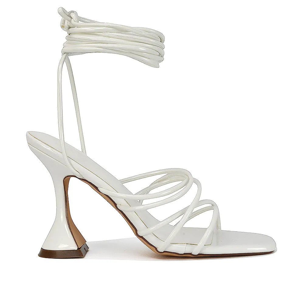 Dakota Lace Up Sculptured Strappy Square Toe Party High Heel Sandals in Brown Patent