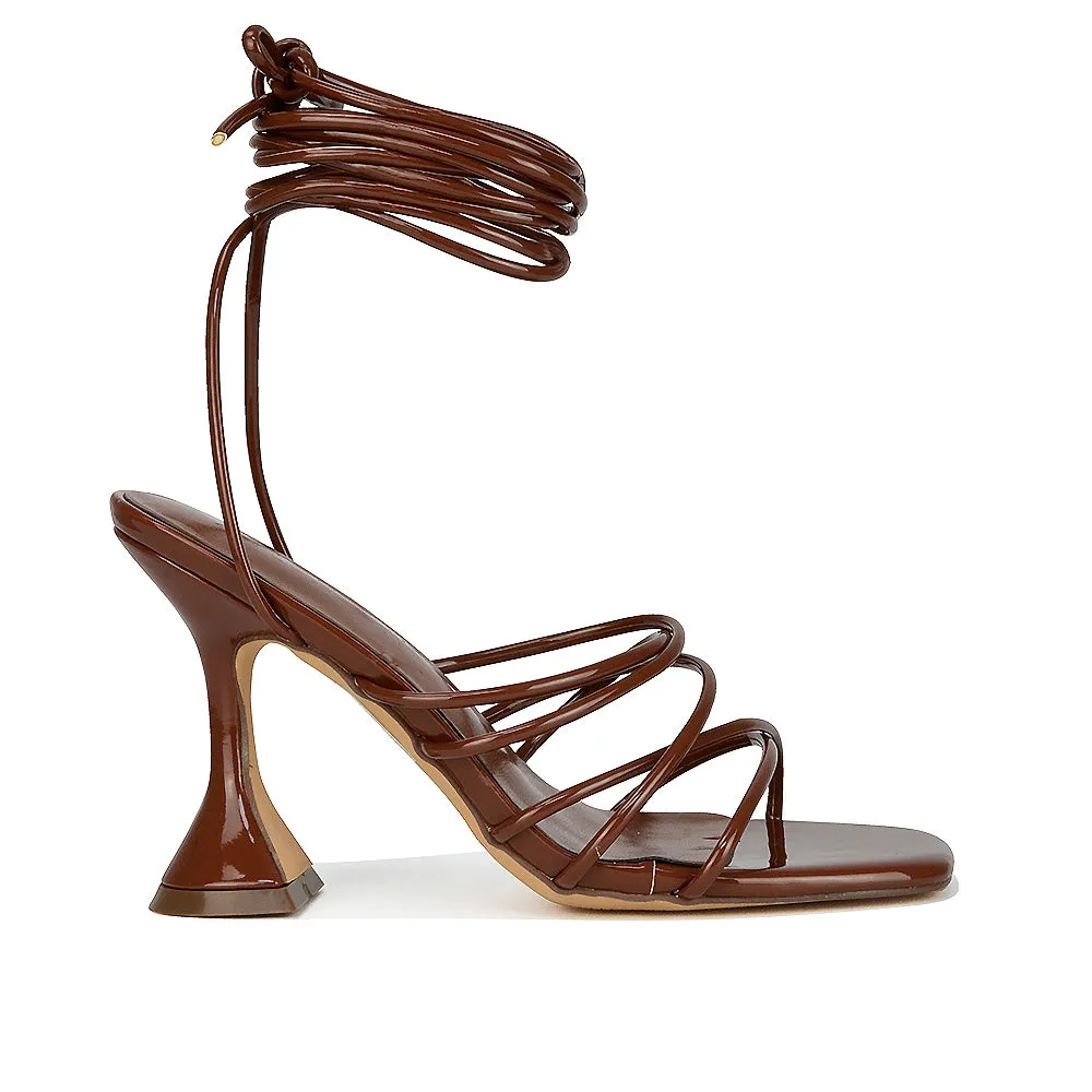 Dakota Lace Up Sculptured Strappy Square Toe Party High Heel Sandals in Brown Patent