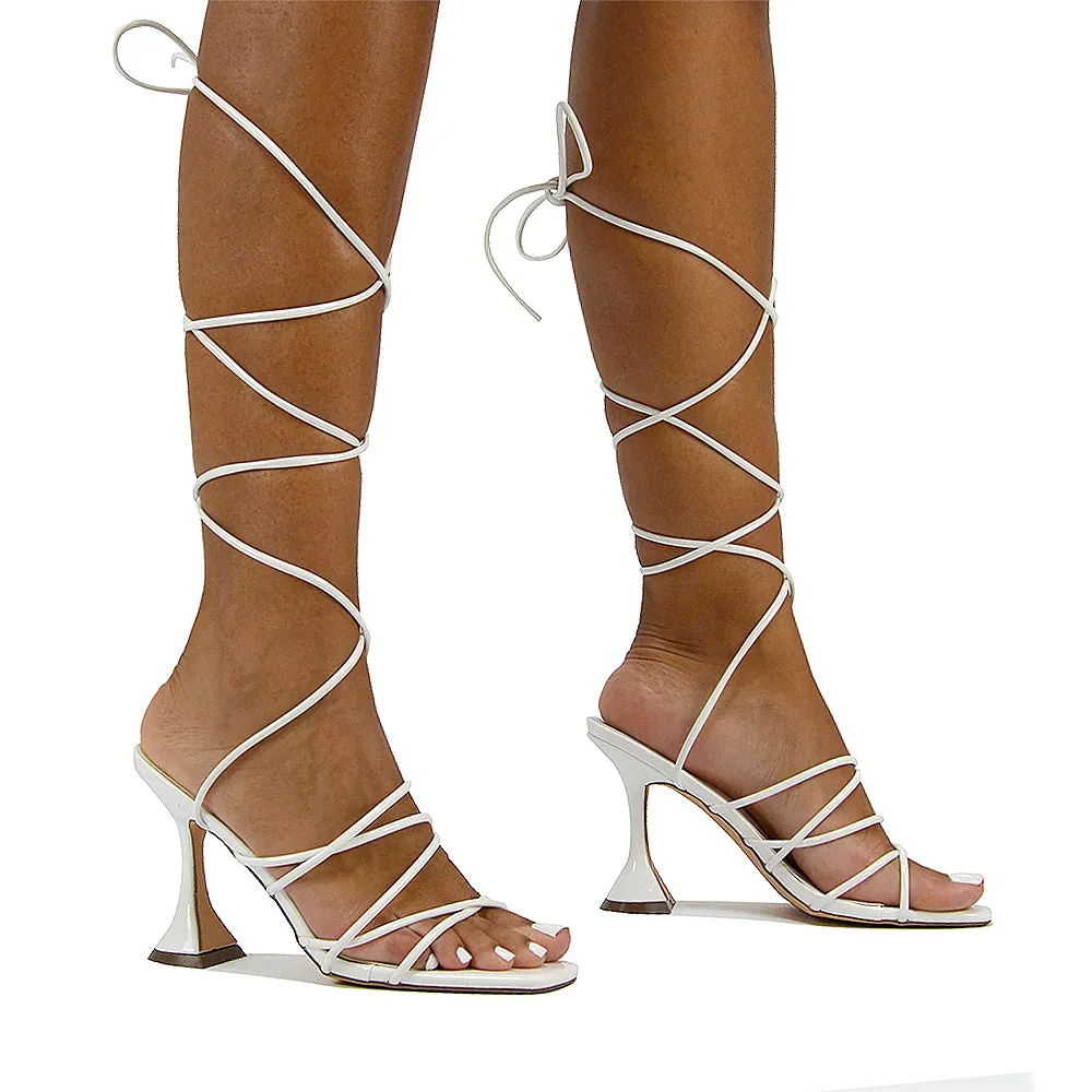 Dakota Lace Up Sculptured Strappy Square Toe Party High Heel Sandals in Brown Patent
