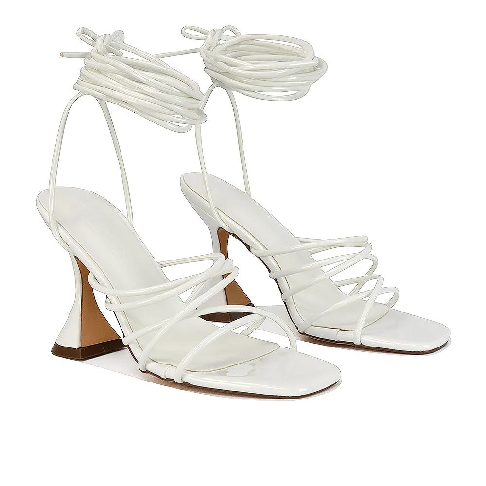 Dakota Lace Up Sculptured Strappy Square Toe Party High Heel Sandals in Brown Patent
