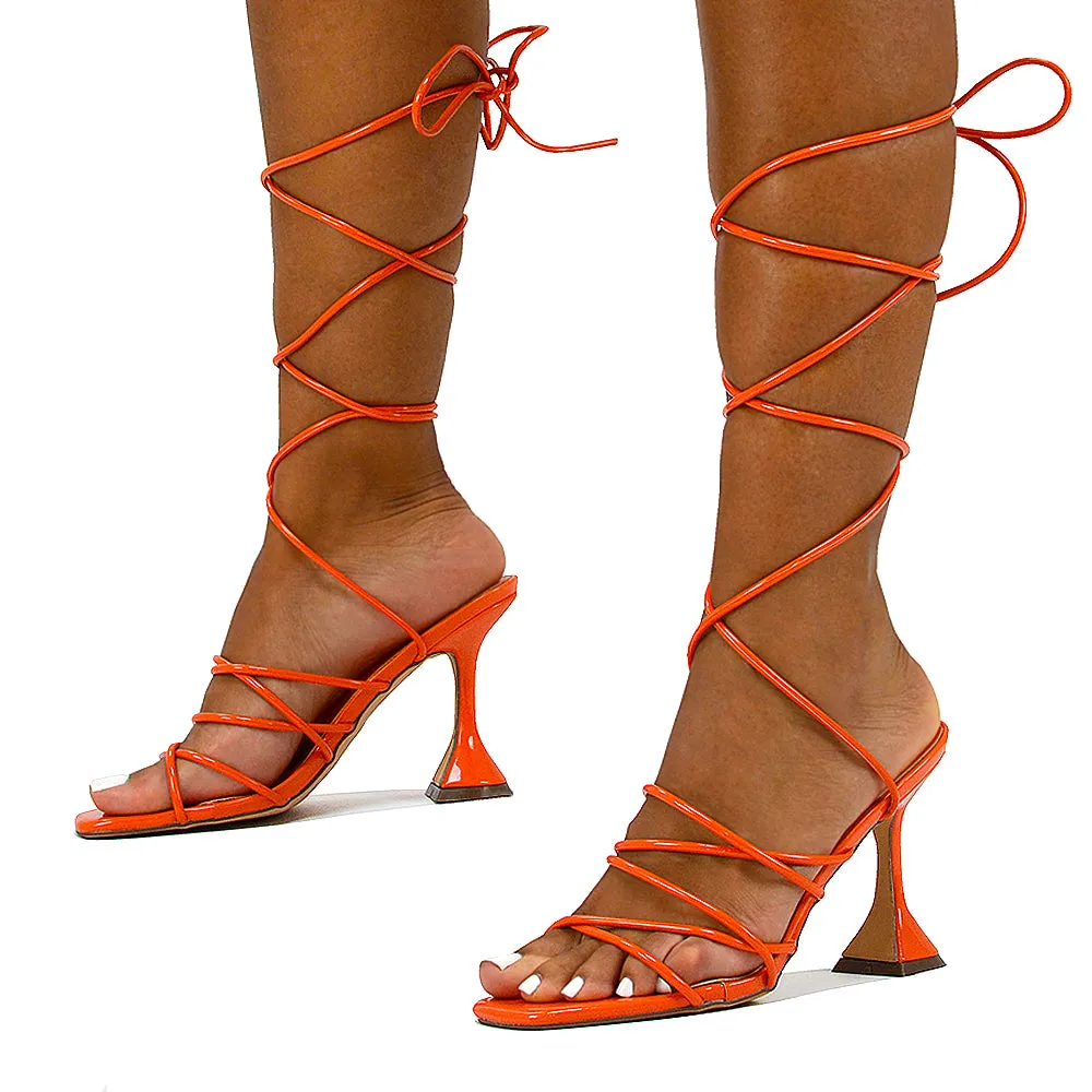 Dakota Lace Up Sculptured Strappy Square Toe Party High Heel Sandals in Brown Patent