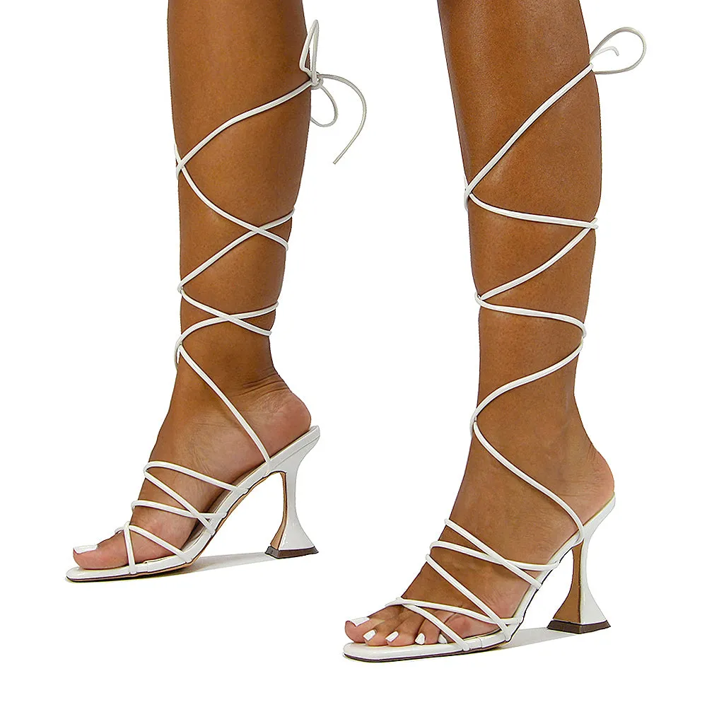 Dakota Lace Up Sculptured Strappy Square Toe Party High Heel Sandals in Brown Patent