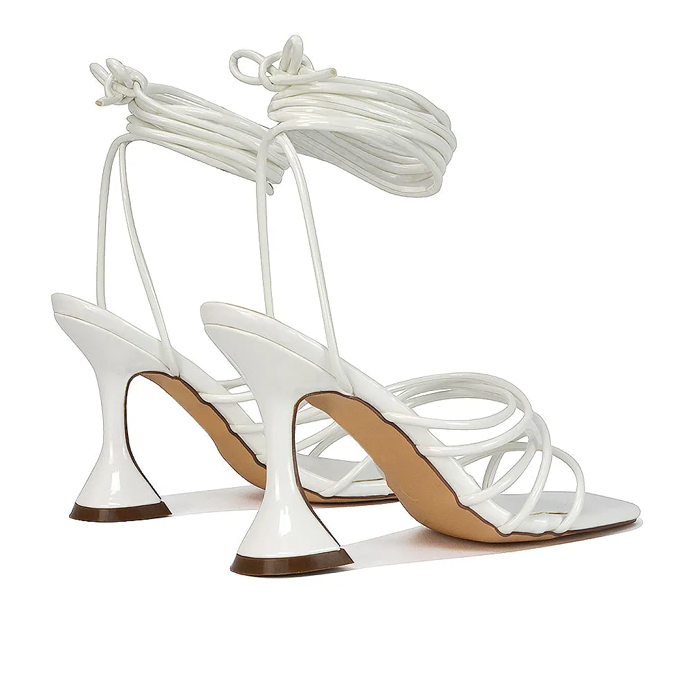 Dakota Lace Up Sculptured Strappy Square Toe Party High Heel Sandals in Brown Patent