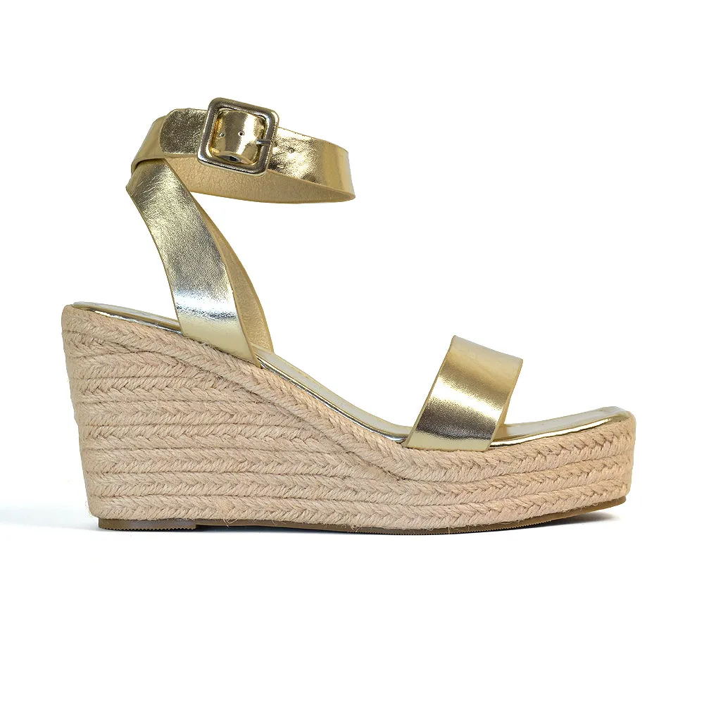 Dayla Platform Espadrille Sandal Wedge Heel With a Square Toe in Tan