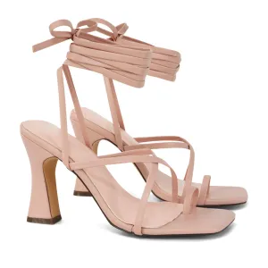 Dylan Square Toe Lace up Strappy Block High Heel Sandals in Pink Synthetic Leather