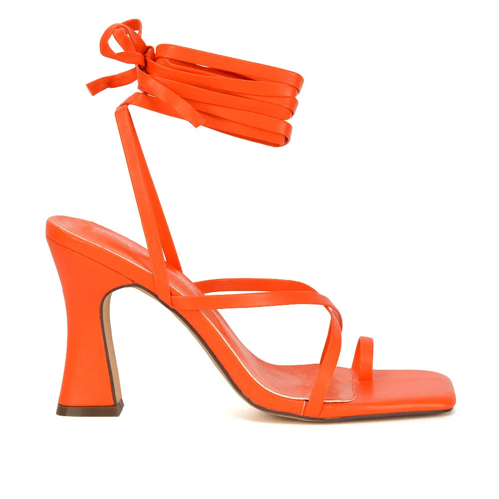 Dylan Square Toe Lace up Strappy Block High Heel Sandals in Pink Synthetic Leather