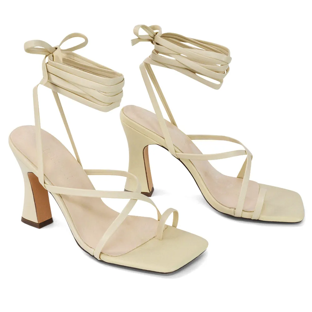 Dylan Square Toe Lace up Strappy Block High Heel Sandals in Pink Synthetic Leather