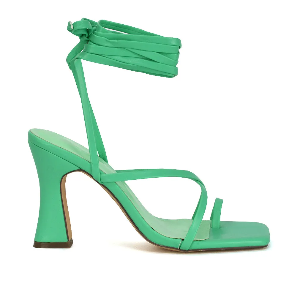 Dylan Square Toe Lace up Strappy Block High Heel Sandals in Pink Synthetic Leather