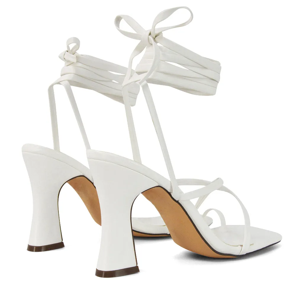 Dylan Square Toe Lace up Strappy Block High Heel Sandals in Pink Synthetic Leather