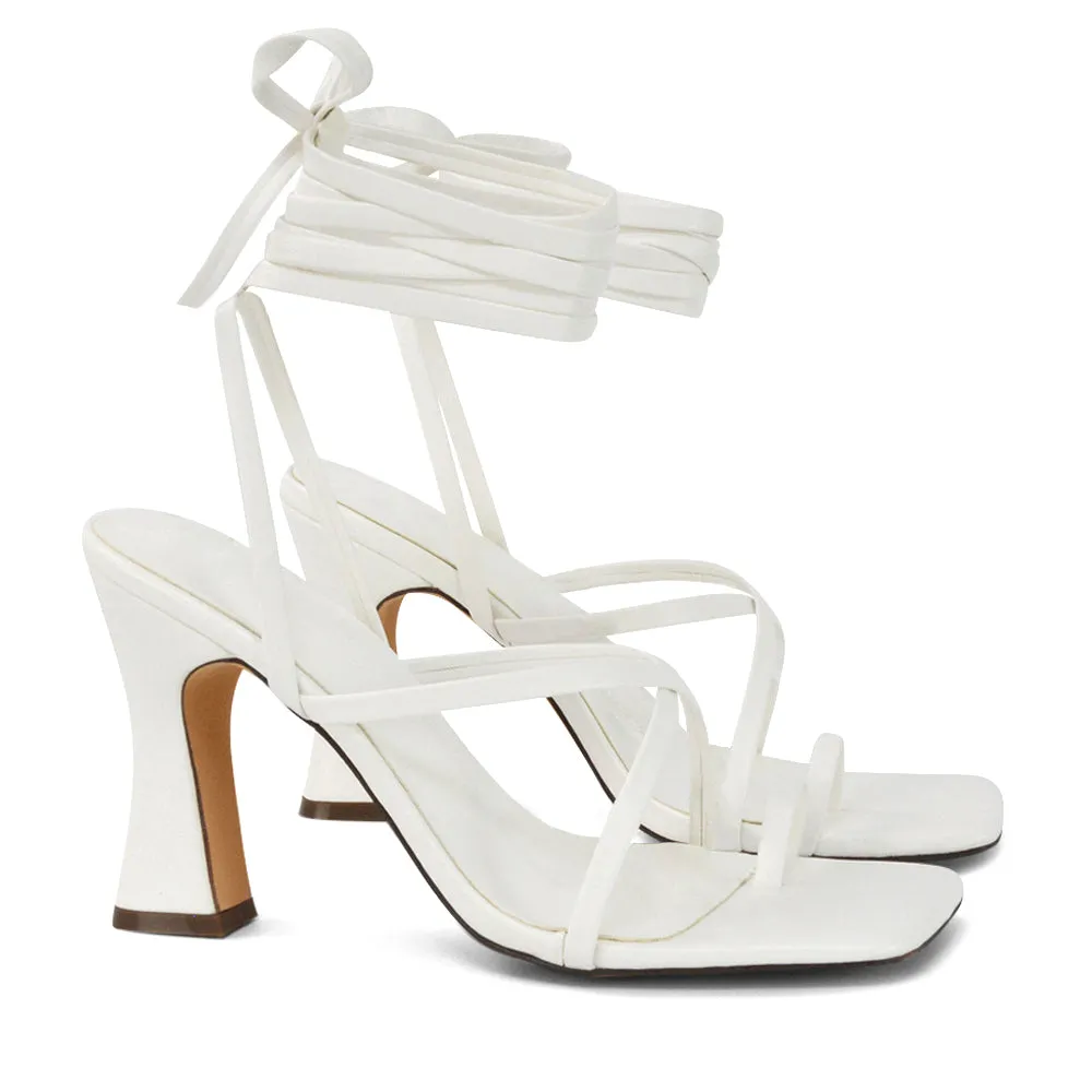 Dylan Square Toe Lace up Strappy Block High Heel Sandals in Pink Synthetic Leather