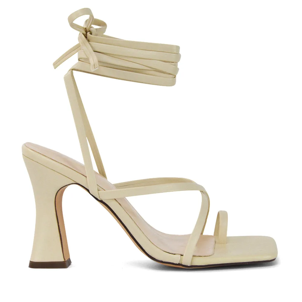Dylan Square Toe Lace up Strappy Block High Heel Sandals in Pink Synthetic Leather