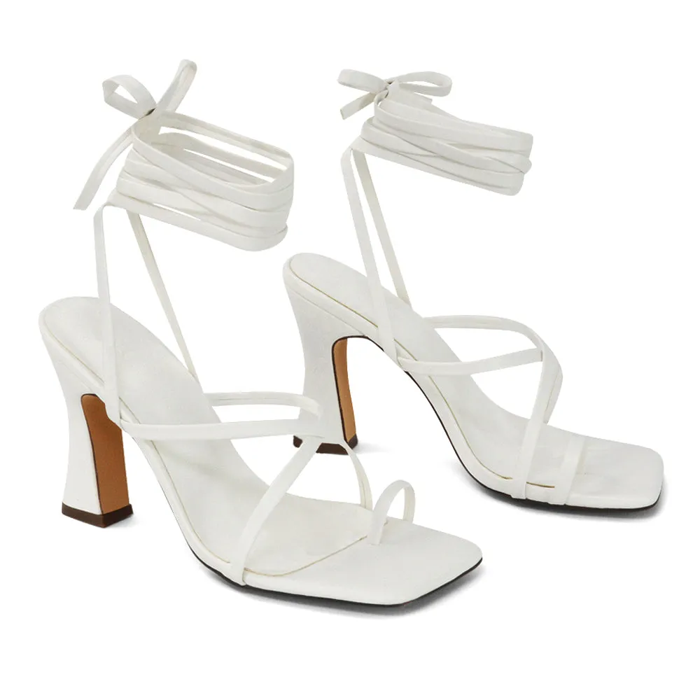 Dylan Square Toe Lace up Strappy Block High Heel Sandals in Pink Synthetic Leather