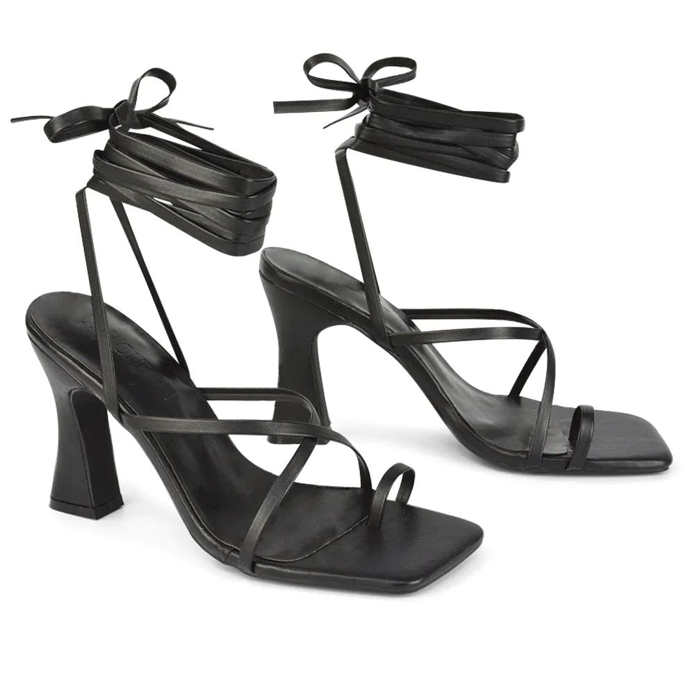 Dylan Square Toe Lace up Strappy Block High Heel Sandals in Pink Synthetic Leather