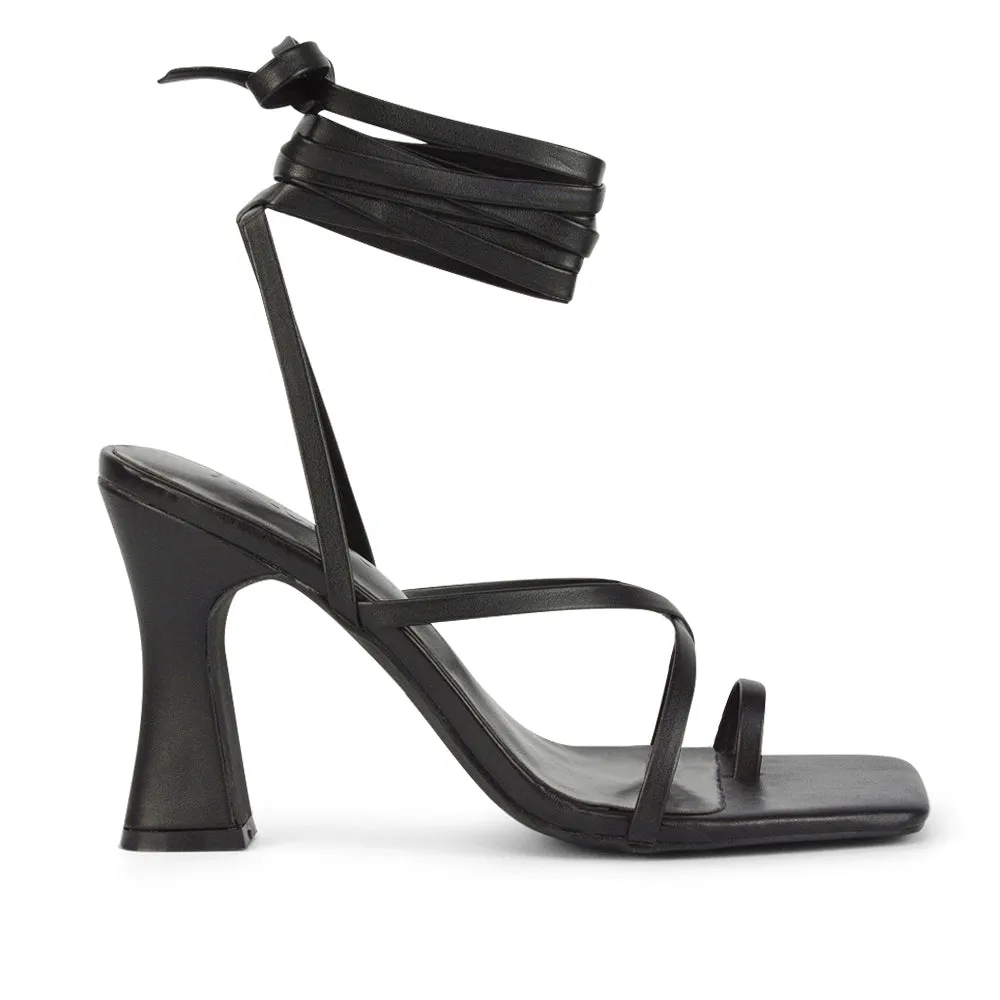 Dylan Square Toe Lace up Strappy Block High Heel Sandals in Pink Synthetic Leather