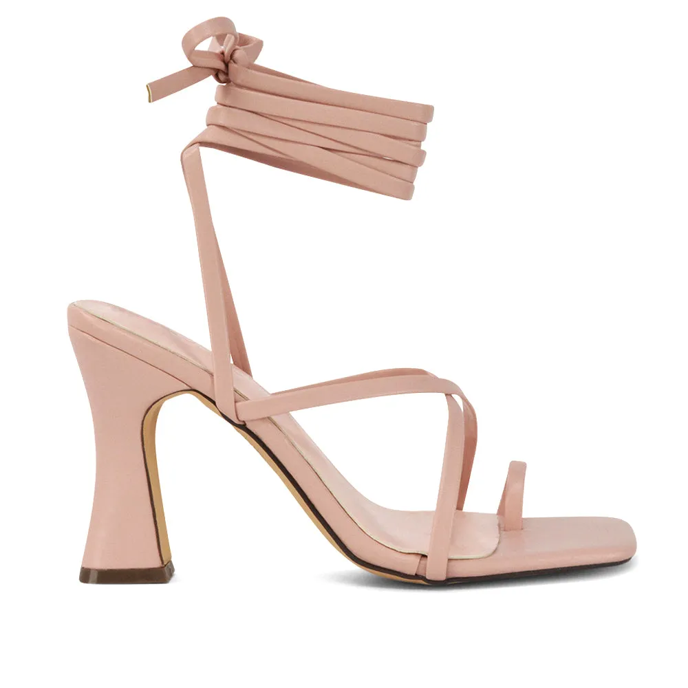 Dylan Square Toe Lace up Strappy Block High Heel Sandals in Pink Synthetic Leather